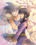  1boy 1girl :d bangs basket black_eyes black_hair branch carrying carrying_bag carrying_over_shoulder cherry_blossoms chi-chi_(dragon_ball) china_dress chinese_clothes couple dappled_sunlight day dougi dragon_ball dragonball_z dress eyebrows_visible_through_hair fingernails flower hair_bun hetero holding holding_basket leaf libeuo_(liveolivel) light_smile looking_at_another looking_away open_mouth outdoors pink_flower profile smile son_gokuu spiked_hair sunlight teeth tied_hair tree_branch twitter_username upper_body wristband 