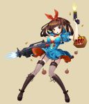  1girl :o apple basket black_legwear blue_dress boots bow breasts brown_background brown_footwear brown_hair bullet cleavage comiccho copyright_request cross-laced_footwear dress dual_wielding food fruit full_body garter_straps gun hair_bow highres holding holding_gun holding_weapon knee_boots looking_at_viewer medium_breasts poison puffy_short_sleeves puffy_sleeves red_bow red_eyes short_sleeves snow_white solo standing thighhighs weapon 