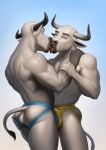  2019 5_fingers anthro arm_grab back_muscles biceps biped black_horn blue_clothing blue_underwear bovid bovine bulge butt butt_grab cattle clothed clothing digital_media_(artwork) duo eye_contact eyebrows facial_piercing french_kissing fur gradient_background grey_eyebrows grey_fur hand_on_butt hand_on_shoulder hi_res horn humanoid_hands jockstrap kissing looking_at_another luca_moody male male/male mammal monds multicolored_fur multicolored_horn muscular muscular_male navel nose_piercing nose_ring pecs piercing pink_tongue rory_lockhart saliva septum_piercing simple_background standing tail_tuft tongue tongue_out topless tuft two_tone_fur two_tone_horn underwear white_fur white_horn white_tail yellow_clothing yellow_underwear 