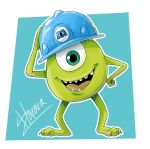  1_eye 2018 3_toes armor blue_background claws clothing disney green_body green_eyes harara hard_hat hat_only headgear headwear helmet looking_at_viewer mike_wazowski monster monsters_inc mostly_nude open_mouth open_smile outline pixar signature simple_background smile solo standing toe_claws toes 