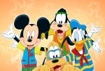 2018 4_fingers anatid anseriform anthro avian beak bird black_body black_nose blue_sclera blush buckteeth canid canine canis clothed clothing disney domestic_dog donald_duck duck eyewear feathers feral goggles goofy_(disney) group harara hat headgear headwear hi_res looking_at_viewer mammal mickey_mouse mouse murid murine open_mouth open_smile orange_background outline pluto_(disney) rodent round_ears simple_background smile snorkel star_background teeth white_feathers yellow_beak yellow_body 