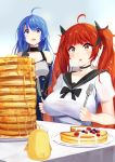  2girls ahoge azur_lane bangs bare_shoulders black_ribbon blue_hair blueberry blush breasts choker commentary_request dress eyebrows_visible_through_hair food fork fruit gloves hair_ribbon helena_(azur_lane) highres holding holding_fork holding_knife honolulu_(azur_lane) irohasu knife large_breasts long_hair multiple_girls open_mouth pancake plate purple_eyes red_eyes red_hair ribbon sailor_collar short_sleeves sitting stack_of_pancakes strawberry surprised table twintails whipped_cream 