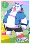  2019 anthro aqui belly bottomwear clothing english_text giant_panda hoodie male mammal overweight overweight_male pandeth paqaaqap pop&#039;n_music shorts solo text tongue tongue_out ursid 