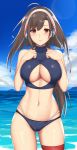  1girl anchor_hair_ornament arciealbano azur_lane bikini blush breasts brown_hair cleavage cleavage_cutout cloud commentary hair_ornament headband highleg highleg_bikini highres independence_(azur_lane) island large_breasts long_hair looking_at_viewer navel ocean ponytail red_eyes single_thighhigh sky solo swimsuit thighhighs water wet 