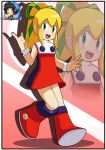  1girl absurdres android blonde_hair blush bow capcom dress green_bow green_eyes hair_between_eyes hair_ribbon hand_gesture high_ponytail highres long_hair patdarux ponytail red_boots red_dress ribbon rockman rockman_(classic) roll short_dress sidelocks sleeveless smile 