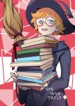  blue_eyes book book_stack broom freckles hat highres little_witch_academia lotte_jansson luna_nova_school_uniform orange_hair recentia round_eyewear school_uniform semi-rimless_eyewear short_hair under-rim_eyewear witch witch_hat 