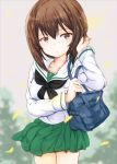  1girl alternate_costume bag bangs black_neckwear blouse blurry blurry_background blurry_foreground brown_eyes brown_hair carrying closed_mouth commentary cowboy_shot day depth_of_field girls_und_panzer green_skirt hand_in_hair light_frown long_sleeves looking_at_viewer miniskirt neckerchief nishizumi_maho ooarai_school_uniform outdoors petals pleated_skirt school_bag school_uniform serafuku shibagami short_hair skirt solo white_blouse wind 