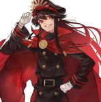  1girl 55level black_hair black_headwear black_jacket cape fate/grand_order fate_(series) gloves hair_between_eyes hat highres jacket jewelry long_hair long_sleeves looking_at_viewer military_hat military_jacket oda_nobunaga_(fate) peaked_cap red_cape red_eyes simple_background solo standing white_background white_gloves 