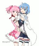  2girls artist_name blue_eyes blue_hair blush cape detached_sleeves frills gloves hair_ribbon hand_holding highres kaname_madoka kawa_(ricopin35) looking_at_viewer magical_girl mahou_shoujo_madoka_magica mahou_shoujo_madoka_magica_movie miki_sayaka multiple_girls neck_ribbon one_eye_closed pink_hair red_eyes red_ribbon ribbon short_hair short_twintails skirt smile thighhighs twintails twitter_username white_background white_cape white_gloves zettai_ryouiki 