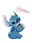  2018 alien back_markings blue_eyes blue_fur blue_nose disney experiment_(species) fur harara head_tuft holding_object lilo_and_stitch looking_back markings notched_ear open_mouth open_smile signature simple_background sitting small_tail smile stitch stylus tablet tuft white_background 