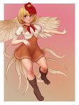  1girl aethos bird bird_tail bird_wings blonde_hair boots breasts brown_footwear chick dress feathered_wings full_body gradient gradient_background hair_between_eyes highres index_finger_raised layered_dress light_smile looking_away multicolored_hair neck_ribbon niwatari_kutaka outstretched_arm puffy_short_sleeves puffy_sleeves red_eyes red_hair red_neckwear ribbon short_sleeves simple_background small_breasts solo standing standing_on_one_leg touhou two-tone_dress two-tone_hair wings 
