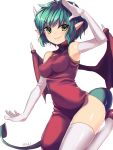  &gt;:) 1girl arm_up bangs bare_shoulders breasts china_dress chinese_clothes closed_mouth draco_centauros dragon_girl dragon_horns dragon_tail dragon_wings dress elbow_gloves eyebrows_visible_through_hair fang fang_out gloves green_eyes green_hair hakusai_ponzu horns looking_at_viewer madou_monogatari medium_breasts pointy_ears puyopuyo red_dress red_footwear red_wings short_hair simple_background sleeveless sleeveless_dress smile solo tail thighhighs v-shaped_eyebrows white_background white_gloves white_horns white_legwear wings 