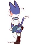  animal_crossing anthro blush bottomwear butt clothed clothing domestic_cat felid feline felis fur girly legwear looking_back male mammal nintendo osatokun rover_(animal_crossing) simple_background skirt solo video_games 