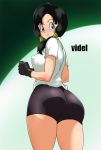  1girl ass bike_shorts black_gloves black_hair blue_eyes blush breasts closed_mouth cowboy_shot dragonball_z erect_nipples fingerless_gloves from_behind gloves grey_background huge_ass long_hair looking_at_viewer medium_breasts shirt short_sleeves smile solo standing t-shirt thelorope twintails two-tone_background videl white_shirt 