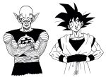  2boys antennae black_eyes black_hair black_shirt clenched_teeth clothes_writing commentary_request crossed_arms dougi dragon_ball dragon_ball_(classic) dragonball_z frown grin hands_on_hips head_tilt highres lee_(dragon_garou) looking_at_another monochrome multiple_boys piccolo_daimaou pointy_ears serious shirt simple_background sleeveless sleeveless_shirt smile son_gokuu spiked_hair teeth time_paradox upper_body white_background wristband 