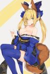  1girl ahoge animal_ear_fluff animal_ears bangs bare_shoulders blonde_hair blue_bow blue_kimono blue_legwear blue_sleeves blush bow breasts cleavage closed_mouth collarbone cosplay detached_sleeves eyebrows_visible_through_hair fate/extra fate/grand_order fate_(series) fox_ears fox_girl fox_shadow_puppet fox_tail green_eyes grey_background hair_between_eyes hair_bow hair_intakes highres japanese_clothes kemonomimi_mode kimono large_breasts long_hair long_sleeves looking_at_viewer nero_claudius_(fate) nero_claudius_(fate)_(all) obi revision sash sidelocks silver_(chenwen) sitting sleeves_past_wrists solo strapless tail tamamo_(fate)_(all) tamamo_no_mae_(fate) tamamo_no_mae_(fate)_(cosplay) thighhighs twintails two-tone_background wide_sleeves yellow_background 