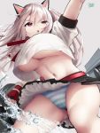  1girl animal_ears areola_slip areolae artist_name azur_lane bangs braid breasts eyebrows_visible_through_hair fingerless_gloves floating_hair gloves grey_background highres horizontal_stripes large_breasts long_hair looking_away machinery navel oekakizuki open_mouth panties pleated_skirt red_eyes signature silver_hair simple_background skirt solo striped striped_panties thick_eyebrows underboob underwear water yuudachi_(azur_lane) 