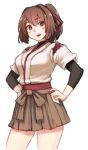  1girl brown_eyes brown_hair brown_hakama contrapposto cowboy_shot hair_ribbon hakama ise_(kantai_collection) japanese_clothes kantai_collection open_mouth ponytail red_ribbon ribbon sash short_hair simple_background smile solo standing terrajin undershirt upper_teeth white_background 