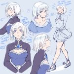  1girl alternate_costume alternate_hair_length alternate_hairstyle arms_behind_back blue_background blue_dress blue_eyes breasts dl dress earrings english_text eyes_closed from_side jewelry layered_dress legs medium_breasts multiple_views musical_note rwby scar scar_across_eye short_hair smile solo standing weiss_schnee white_hair wide_sleeves 