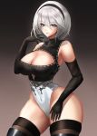  1girl android bare_shoulders black_hairband blue_eyes boots breasts cleavage cleavage_cutout curvy elbow_gloves gloves hairband highres large_breasts leotard lips nier_(series) nier_automata parted_lips rothy short_hair silver_hair solo thick_thighs thigh_boots thighhighs thighs thong_leotard wide_hips yorha_no._2_type_b 
