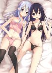  2girls :d akatsuki_(kantai_collection) bangs bare_arms bare_shoulders bed_sheet black_bra black_legwear black_panties blue_eyes blue_hair blush bow bow_bra bow_panties bra breasts camisole collarbone eyebrows_visible_through_hair hair_between_eyes hand_holding hibiki_(kantai_collection) highres kantai_collection kanz long_hair lying multiple_girls navel on_back open_mouth panties pillow pink_camisole pink_panties purple_eyes purple_hair sheet_grab small_breasts smile strap_slip thighhighs underwear underwear_only very_long_hair 