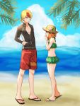  1boy 1girl beach bikini blonde_hair blue_sky brown_eyes brown_hair cloud cloudy_sky creatures_(company) day eye_contact flat_chest flower full_body game_freak green_bikini hat hat_flower highres long_sleeves looking_at_another minami_(pokemon) multicolored_hair nintendo outdoors pokemon pokemon_pinchers pokemon_ranger red_eye_(pokemon) sand sandals shorts sky standing swimsuit two-tone_hair zipper 