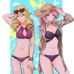  2girls aria_(pokemon) bikini blonde_hair blue_background blue_eyes bracelet breasts cleavage collarbone creatures_(company) drill_hair elida_(pokemon) fingernails game_freak hat iruzu_(pixiv27236115) jewelry looking_at_viewer medium_breasts multiple_girls nintendo pink_hair pokemon pokemon_ranger purple_bikini purple_eyes small_breasts sun_hat sunglasses swimsuit 