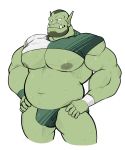  absurd_res beard belly bulge clothing facial_hair hands_on_hips hi_res humanoid maldu male musclegut nipples not_furry orc portrait raised_clothing raised_shirt simple_background solo thong three-quarter_portrait white_background 