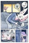 2019 anthro arctic_fox bed bedding blanket canid canine clothed clothing comic fox hi_res ill lying male mammal mothandpodiatrist on_bed painting_(artwork) phone pictographics pillow plant python reptile scalie snake speech_bubble sweater thermometer tissues topless topwear traditional_media_(artwork) watercolor_(artwork) 