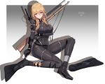  1girl 5555_96 ankle_strap arm_under_breasts bangs black_swimsuit blonde_hair blush breasts closed_mouth combat_knife diving_suit flippers full_body gun highres holding holding_knife knife large_breasts leg_strap long_hair looking_at_viewer mole mole_under_eye original purple_eyes rifle sidelocks signature simple_background sitting solo swimsuit weapon wetsuit 