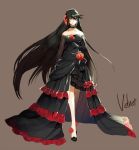  1girl aonagi_(a-lot-of) bandage bandaged_arm bandages bare_shoulders black_choker black_hair breasts choker dress formal full_body high_heels long_hair looking_at_viewer medium_breasts official_art solo tales_of_(series) tales_of_berseria velvet_crowe very_long_hair yellow_eyes 