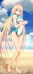  1girl angela_balzac bad_id bangs beach benjoerres blonde_hair blurry blurry_background breasts cloud competition_swimsuit covered_navel day eyebrows_visible_through_hair floating_hair full_body green_eyes groin hair_ornament hands_together highleg highleg_swimsuit highres long_hair looking_at_viewer medium_breasts one-piece_swimsuit outdoors rakuen_tsuihou shiny shiny_hair signature smile solo standing star star_hair_ornament sunlight swimsuit twintails very_long_hair white_swimsuit 