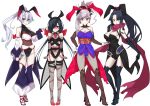  4girls absurdres adapted_costume animal_ears black_hair blue_eyes blush breasts bunny_ears cleavage eyepatch fate/grand_order fate_(series) fishnet_pantyhose fishnets highres katou_danzou_(fate/grand_order) large_breasts low_twintails miyamoto_musashi_(fate/grand_order) mochizuki_chiyome_(fate/grand_order) multiple_girls pantyhose pink_hair ponytail purple_eyes red_eyes scarf silver_hair small_breasts tomoe_gozen_(fate/grand_order) twintails watosu white_background yellow_eyes 