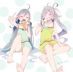  2girls ahoge alternate_costume asashimo_(kantai_collection) barefoot blue_camisole blue_shorts casual colis eating eyes_closed facing_viewer food full_body grey_hair grin hair_between_eyes hair_over_one_eye ice_cream kantai_collection kiyoshimo_(kantai_collection) long_hair low_twintails multiple_girls open_mouth polka_dot polka_dot_background polka_dot_camisole polka_dot_shorts ponytail puffy_shorts round_teeth sharp_teeth shorts silver_hair smile teeth twintails twitter_username upper_teeth v white_background yellow_camisole yellow_shorts 