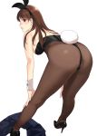  1girl animal_ears ass bangs bare_shoulders black_footwear black_leotard breasts brown_eyes brown_hair brown_legwear bunny_ears bunny_girl bunny_tail bunnysuit eyebrows_visible_through_hair fake_animal_ears from_behind high_heels highleg highleg_leotard idolmaster idolmaster_cinderella_girls leotard long_hair looking_at_viewer medium_breasts mibu_natsuki nitta_minami pantyhose parted_lips simple_background skirt solo strapless strapless_leotard tail white_background wrist_cuffs 