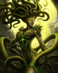  5_fingers amber_eyes black_lips breasts detailed_background european_mythology female front_view glowing glowing_eyes gorgon greek_mythology green_skin green_theme hourglass_figure humanoid looking_aside medium_breasts mythology portrait quirkilicious tentacle_hair tentacles three-quarter_portrait vraska wide_hips 