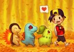  1boy autumn_leaves backpack backwards_hat bag baseball_cap black_hair blush chikorita commentary creature creatures_(company) cyndaquil english_commentary eyes_closed fangs following from_side game_freak gen_2_pokemon gold_(pokemon) hat heart highres long_sleeves nintendo outdoors pokemon pokemon_(creature) pokemon_following_person profile red_eyes ry-spirit shoes signature spoken_heart totodile walking 
