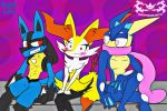  2019 3:2 amphibian anthro braixen canid canine digital_media_(artwork) female fur greninja group hi_res humor knightmoonlight98 looking_at_viewer love lucario male mammal multicolored_tail nintendo pok&eacute;mon pok&eacute;mon_(species) red_eyes relationship romantic romantic_couple simple_background smile stick tongue video_games 