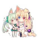  2girls animal_ear_fluff animal_ears art556_(girls_frontline) bangs bare_shoulders barefoot black_gloves black_legwear blonde_hair blue_eyes blush bow brown_eyes cat_ears chibi closed_mouth collarbone commentary_request eyebrows_visible_through_hair foreign_blue g41_(girls_frontline) girls_frontline gloves green_bow green_hair green_skirt hair_between_eyes hair_bow hair_ornament hand_holding heterochromia interlocked_fingers korean_commentary long_hair miniskirt multiple_girls name_tag no_shoes old_school_swimsuit one-piece_swimsuit parted_lips plaid plaid_bow plaid_skirt pleated_skirt red_eyes school_swimsuit simple_background skirt standing swimsuit tears thighhighs toeless_legwear trembling twintails very_long_hair wavy_mouth white_background white_bow white_gloves white_legwear white_school_swimsuit white_swimsuit 