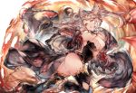  1girl animal_ears braid breasts cleavage cloak erune fire fraux granblue_fantasy highres large_breasts mi_bait off_shoulder thighhighs twintails white_hair wide_sleeves 