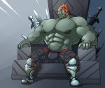  6:5 abs absurd_res bulge chair clothed clothing ganondorf gerudo hi_res hyper hyper_muscles maldu male melee_weapon muscular navel nintendo nipples pecs sitting solo sword the_legend_of_zelda throne topless video_games weapon 