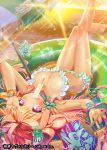  1girl al_bhed_eyes barefoot bikini blonde_hair blush bracelet breasts breath cleavage fan floral_print food hair_ornament hot innertube jewelry large_breasts leg_up legs long_hair lying nail_polish navel ocean official_art on_back open_mouth paper_fan popsicle purple_eyes shaved_ice shinkai_no_valkyrie side-tie_bikini solo sunset swimsuit umbrella uro_(oolong) water wet 