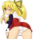  1girl ass blonde_hair blue_eyes dress from_behind green_ribbon grin highres leaning_forward long_hair looking_back m.m one_eye_closed panties ponytail ribbon rockman roll simple_background smile solo third-party_edit trefoil underwear white_background white_panties 