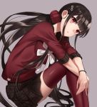  1girl bangs black_hair blunt_bangs commentary_request danganronpa ear_piercing eyebrows_visible_through_hair from_side grey_background hair_ornament hairclip harukawa_maki long_hair looking_at_viewer low_twintails minami_ikkei mole mole_under_eye new_danganronpa_v3 piercing plaid plaid_skirt pleated_skirt red_eyes red_legwear red_scrunchie red_shirt school_uniform scrunchie serafuku shirt short_sleeves simple_background skirt solo thighhighs twintails very_long_hair wristband 