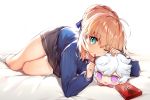  artoria_pendragon_(all) blonde_hair braids fate/grand_order fate_(series) food green_eyes kamiowl kneehighs merlin_(fate/grand_order) pocky saber seifuku short_hair skirt socks wink 