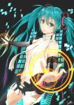  1girl asurada_yui black_legwear blue_eyes blue_hair breasts cleavage cowboy_shot detached_sleeves floating_hair gradient_sleeves grey_sleeves hair_between_eyes hatsune_miku hatsune_miku_(append) long_hair long_sleeves looking_at_viewer medium_breasts midriff multicolored_hair navel necktie outstretched_arms purple_hair smile solo standing stomach thighhighs two-tone_hair very_long_hair vocaloid vocaloid_append white_neckwear 
