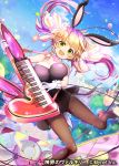  1girl :d animal_ears balloon blonde_hair blue_sky braid breasts bunny_ears bunnysuit cloud confetti instrument jumping keyboard_(instrument) large_breasts multicolored_hair official_art open_mouth shinkai_no_valkyrie sky smile twin_braids twintails two-tone_hair uro_(oolong) yellow_eyes 