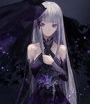  1girl absurdres bangs black_dress black_sleeves blunt_bangs collarbone detached_sleeves dress echidna_(re:zero) hair_ornament highres long_hair long_sleeves looking_at_viewer nomuraumu parted_lips pointy_ears purple_eyes re:zero_kara_hajimeru_isekai_seikatsu see-through silver_hair sleeveless sleeveless_dress solo standing straight_hair tail upper_body very_long_hair 