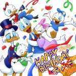  1:1 2018 4_fingers anatid anseriform anthro avian baseball_cap bird birthday blue_clothing blue_shirt blue_topwear bottomless cane clothed clothing confetti daisy_duck dewey_duck disney donald_duck duck english_text eyelashes eyes_closed eyewear glasses green_clothing green_shirt green_topwear group half-closed_eyes happy_birthday harara hat headgear headwear hi_res holding_object huey_duck hug looking_at_viewer louie_duck one_eye_closed open_mouth open_smile party_popper pince-nez red_clothing red_shirt red_topwear sailor_hat scrooge_mcduck shirt signature simple_background smile suspended_in_midair text top_hat topwear webbed_feet white_background 