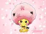  2019 3_toes 4:3 afro black_tail brown_eyes flower harara hi_res looking_at_viewer mitten_hands nintendo pichu pink_background pink_cheeks plant pok&eacute;mon pok&eacute;mon_(species) signature simple_background sitting smile solo spring_(season) toes video_games wig yellow_body 